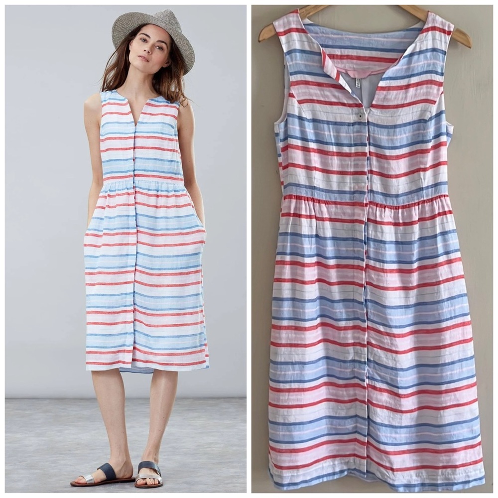 JOULES striped flax linen button front sleeveless midi dress